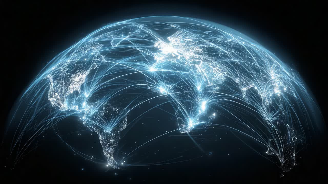 A Stunning Visualization of Global Connectivity: This Image Displays the Illuminated Network of Data Connections Across Continents in a Beautiful Digital World Map