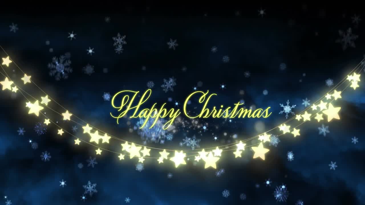 요정의 불빛, 눈이 내리는 별과 함께 행복한 크리스마스 텍스트의 애니메이션