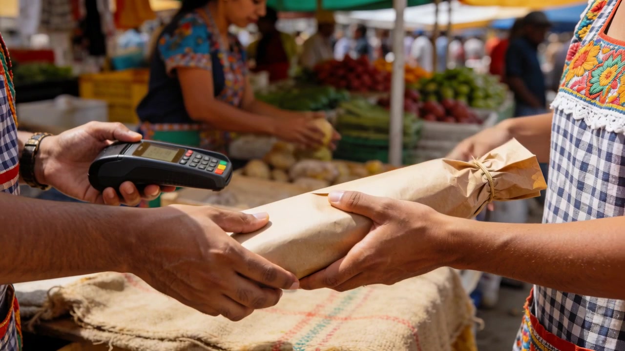 Venditore con grembiule che tocca la carta sul lettore, mentre l'acquirente a sinistra tiene il POS e paga per un pacco di carta al mercato.