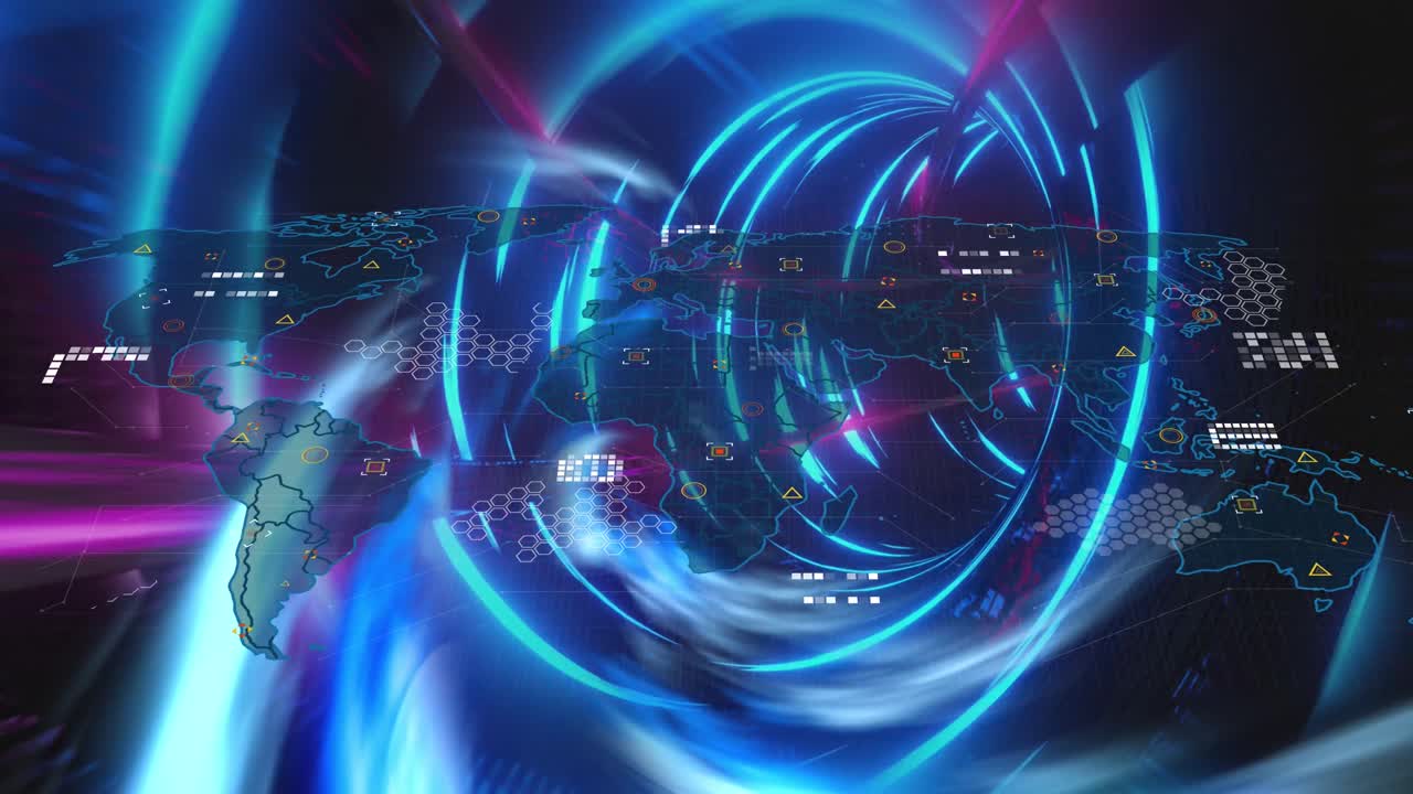 터널의 애니메이션은 블루 네온 조명과 아이콘으로 세계 지도로 만들어졌습니다.