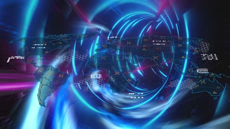 animation of tunnel made ob blue neon lights and world map with icons