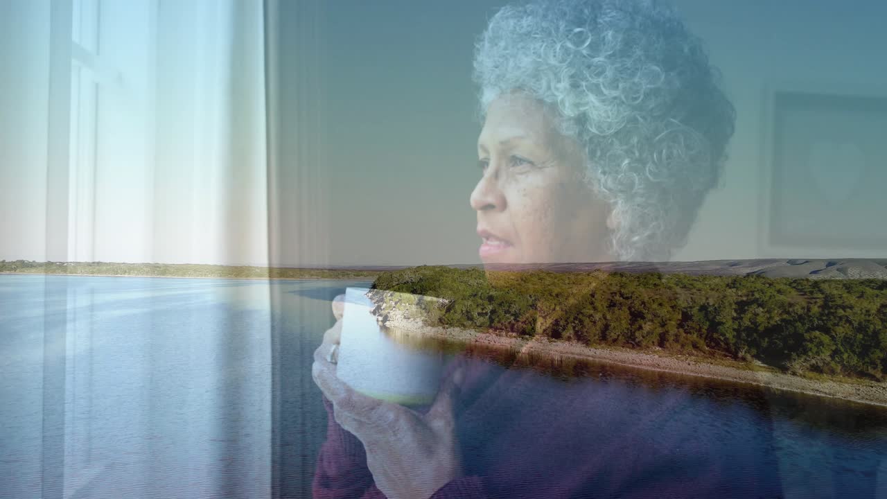 Senior woman holding mug by window, displaying floating health chart and heart icon