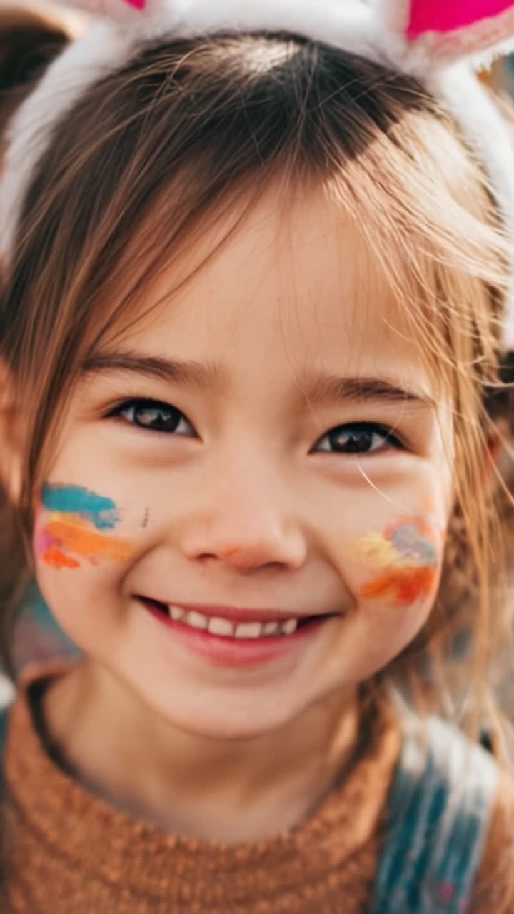 Una Giovane Ragazza Gioiosa con Trucco Colorato sul Viso e Orecchie da Coniglio Irradia Felicità in un Momento Accattivante di Innocenza e Giocosità Infantile