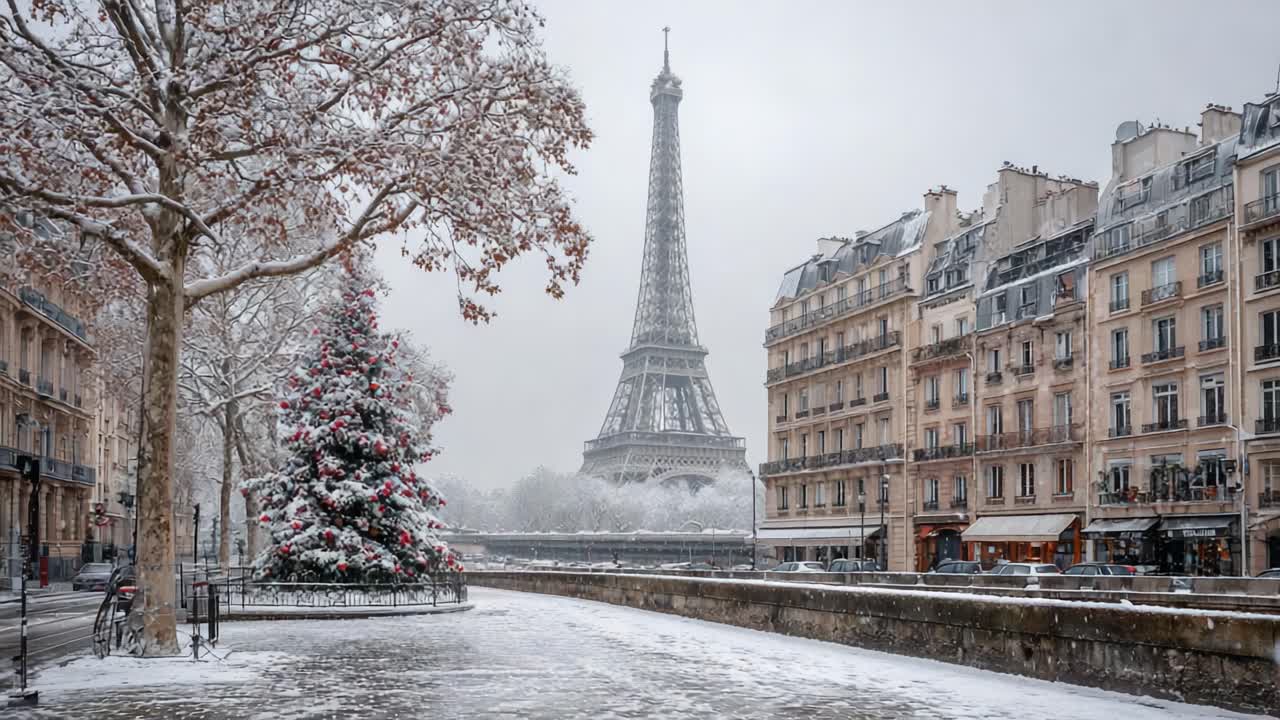 Una pittoresca scena invernale cattura la bellezza di una città innevata, con un albero decorato e l'iconica torre sullo sfondo sotto un cielo invernale tenue.