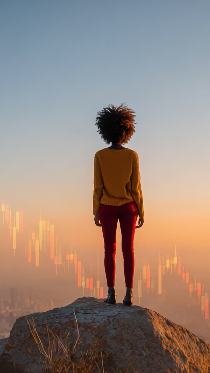 Contemplazione al crepuscolo: una donna in piedi da sola su una roccia, che osserva lo skyline di una città con grafici a candela astratti sullo sfondo, catturando l'essenza della riflessione e dell'ambizione