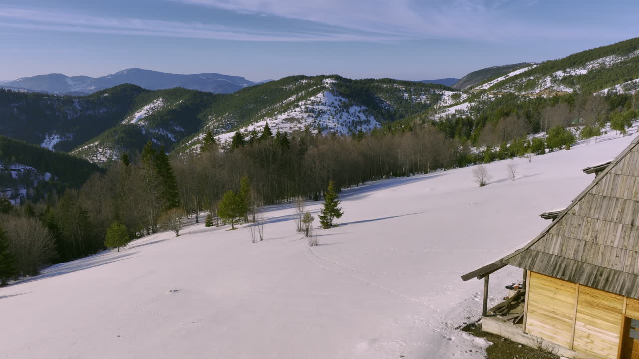 Rustic Mountain Cabin in a Snowy Winter Landscape