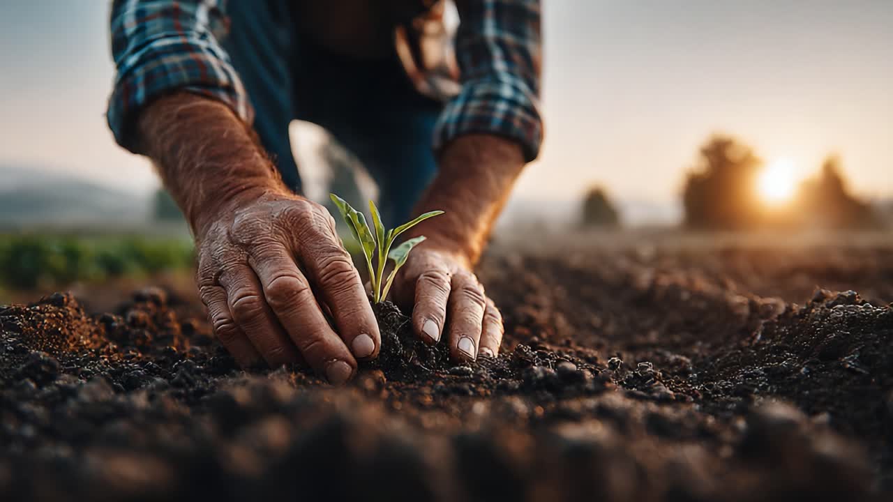 A Gardener's Dedicated Touch: Planting a Seedling in Enriched Soil During the Golden Hour, Illustrating The Beauty of Agriculture and Growth