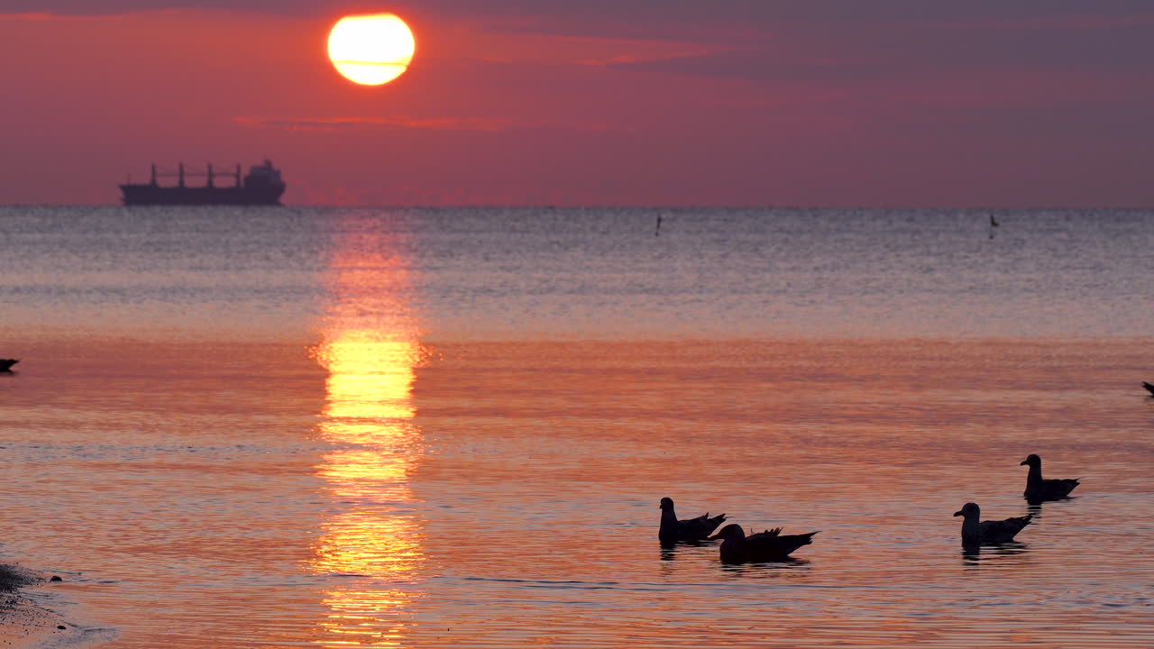 Dramatic sky over Gdynia Orłowo coastline at sunrise with golden hues