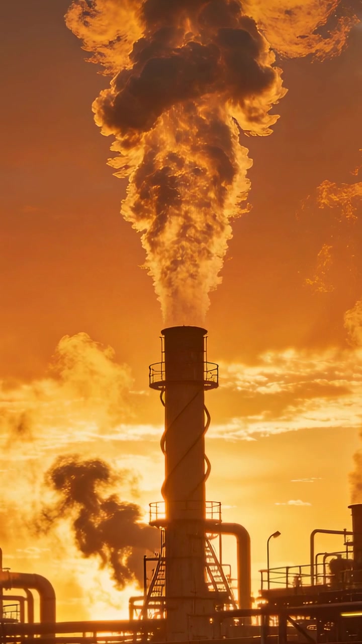 Video verticale: Ciminiera in funzione presso un impianto che inizia a emettere un pennacchio in ascesa al tramonto con tubo a spirale.