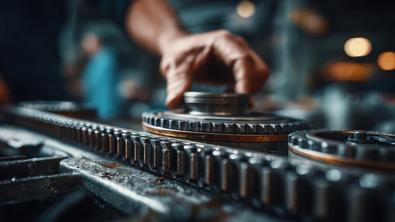 A Close-Up Perspective on Precision Engineering: A Hand Adjusting Mechanical Gears and Chains Showcasing the Intricacies of Industrial Machinery in Action