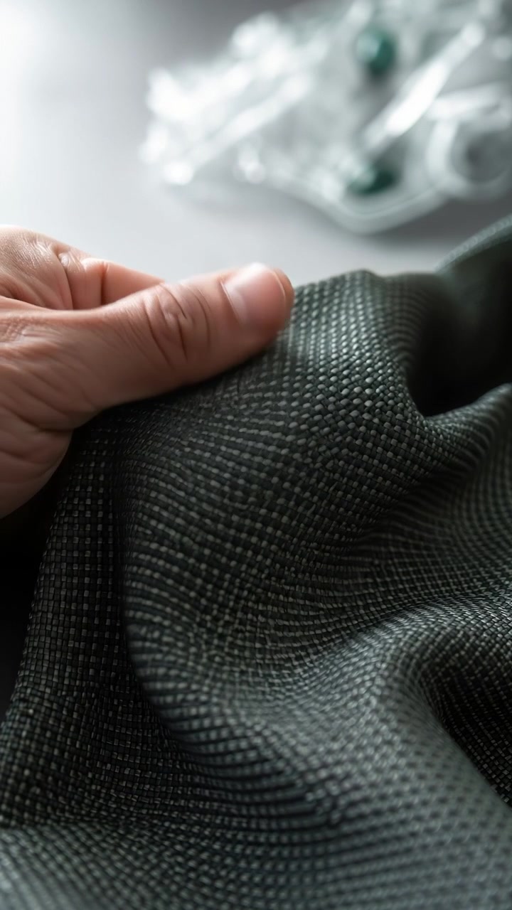 Extrémní detailní záběr ruky vnímající texturu vysoce kvalitní zelené tkané látky.