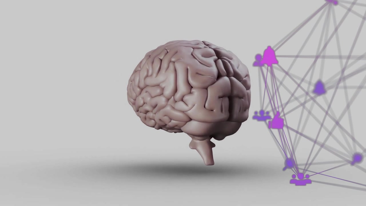 On start 3D brain model rotating as purple nodes and icons pulsing visualizing neural network