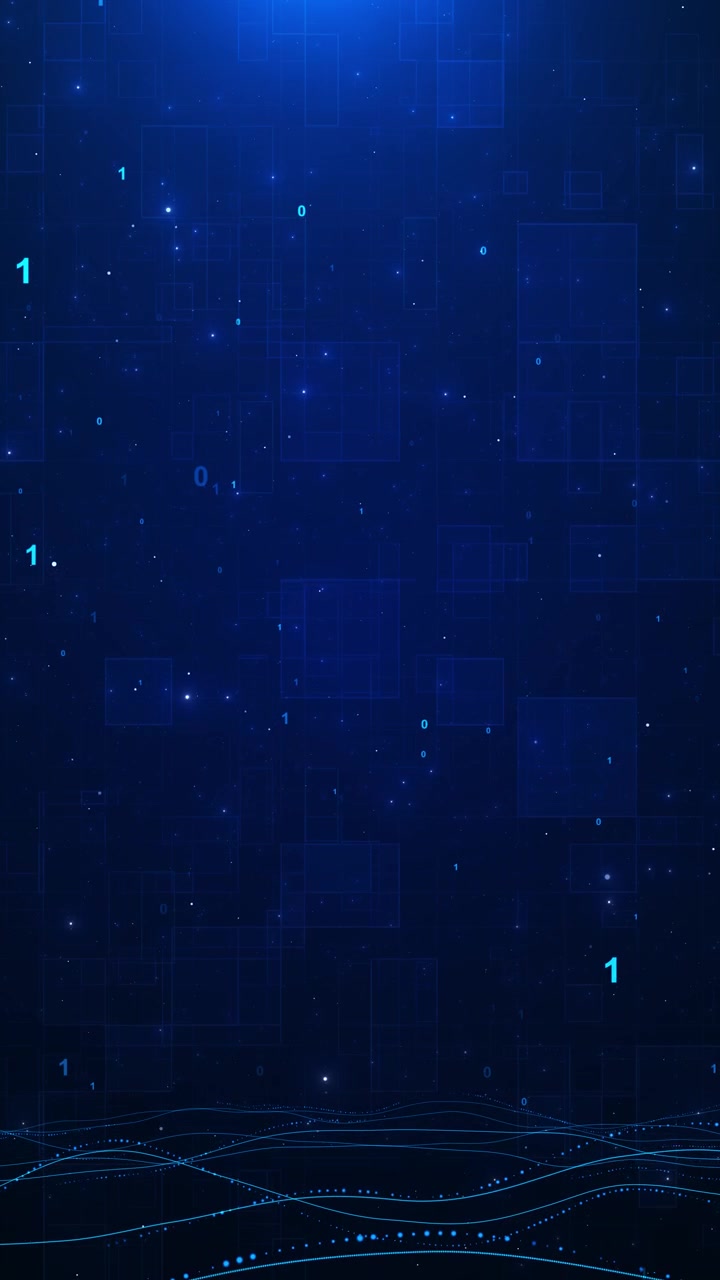 Sfondo onda di dati blu scuro, cifre binarie, particelle luminose soffuse, linee curve fluide, digitale