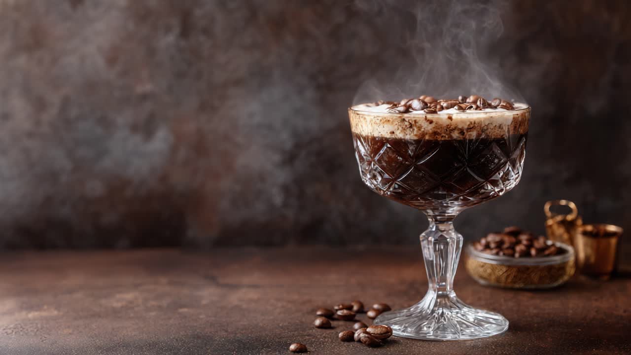 Indulge in the Rich Aroma and Flavor of a Luxurious Coffee Dessert Displayed in a Stunning Crystal Glass, Complete with Steaming Fresh Coffee and Coffee Beans