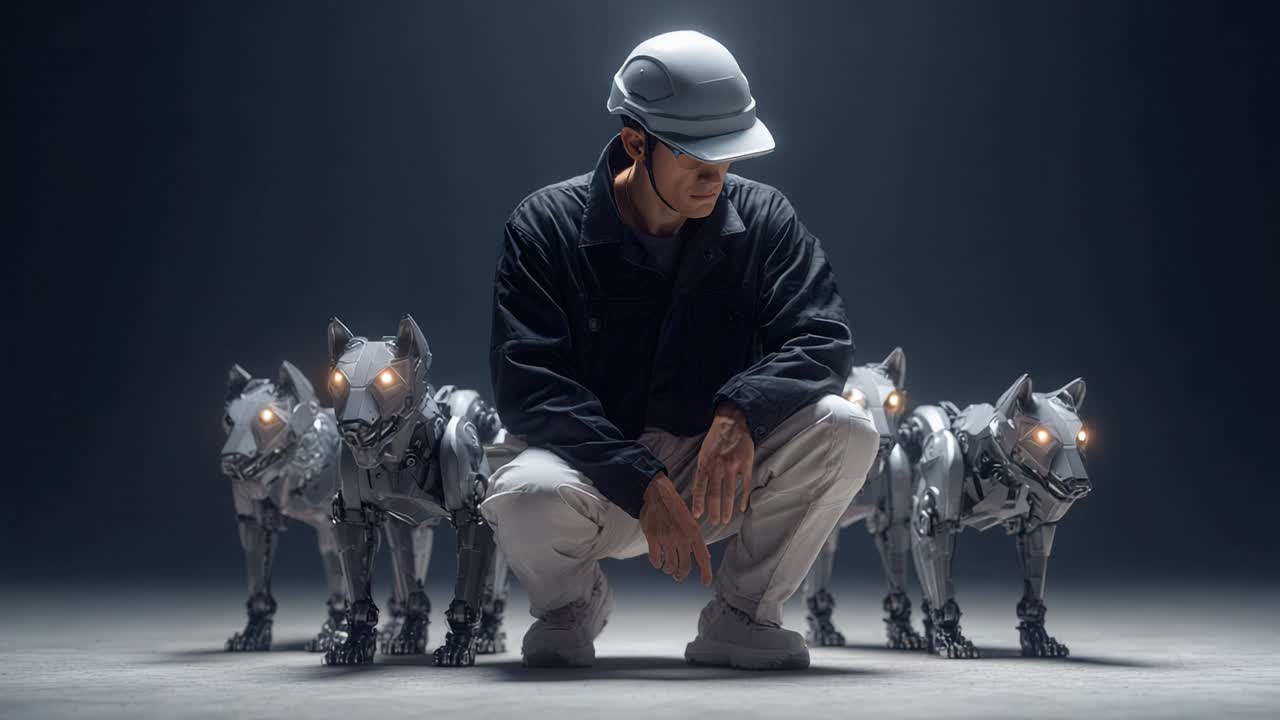 A Futuristic Encounter Between a Human and Robotic Dogs in an Advanced Technological Environment Showcasing Innovation and Artificial Intelligence Dynamics