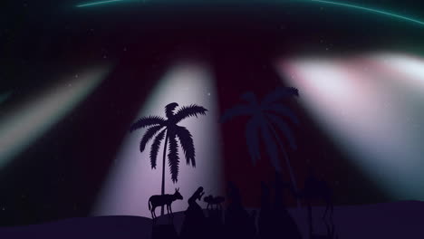 animated nativity group unfolding on desert with kneeling figures offering gifts under aurora sky