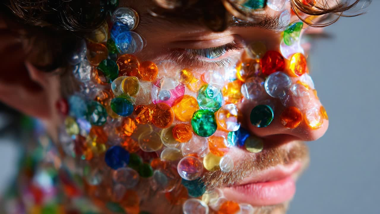 Exploring Unconventional Art: A Close-Up on a Face Covered in Colorful, Sparkling Resin Dots, Highlighting the Unique Blend of Emotion and Texture in Contemporary Creativity