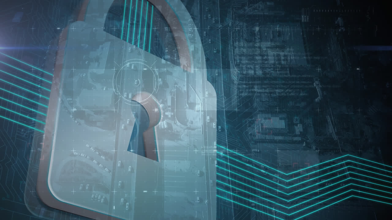 animación del candado y la interfaz con datos e informaciones azules en movimiento