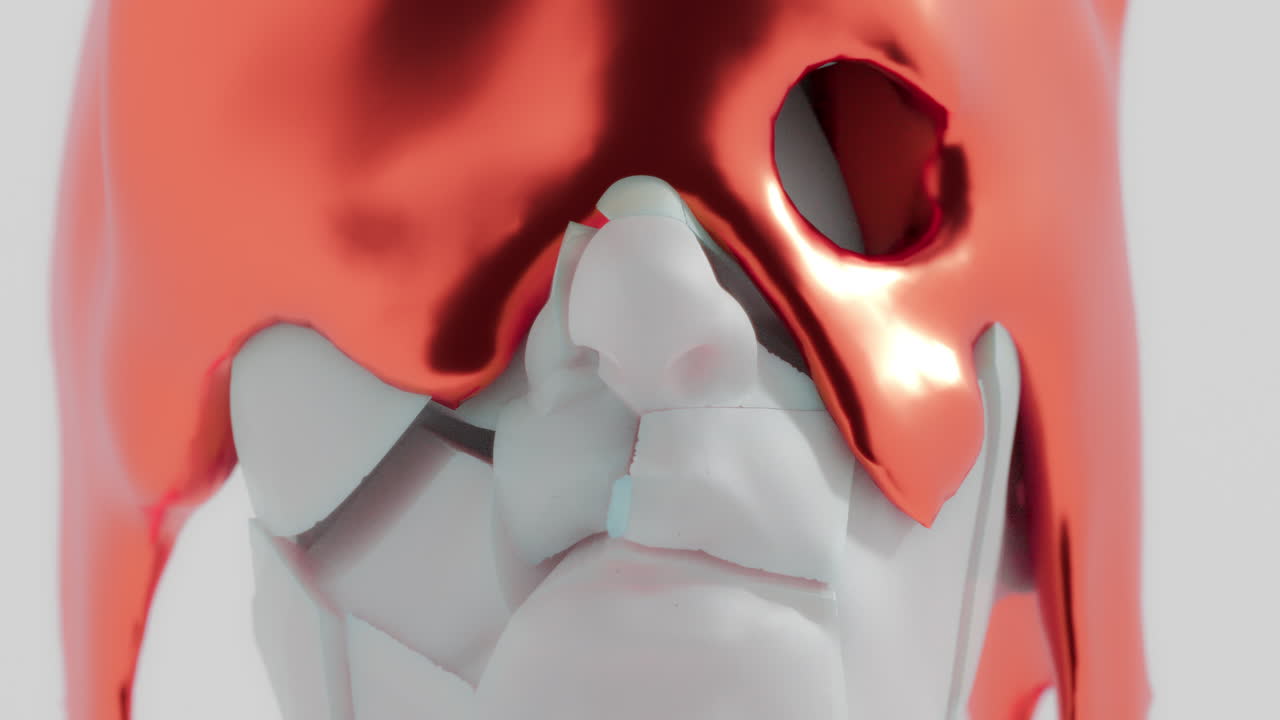 A red liquid metal flows slowly on the sculpture