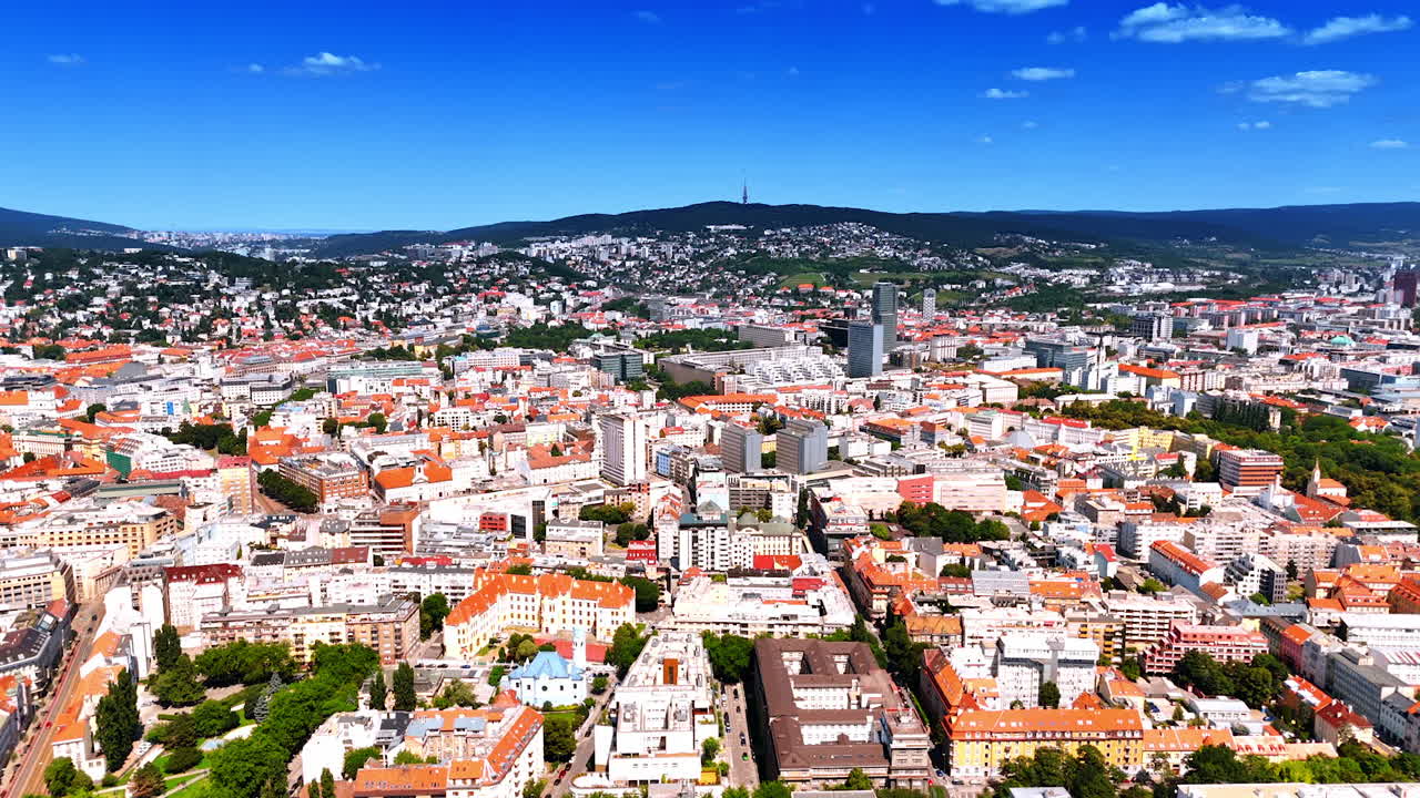 Historical part of beautiful Bratislava, Slovakia. Flying above the city scattered on the mountains