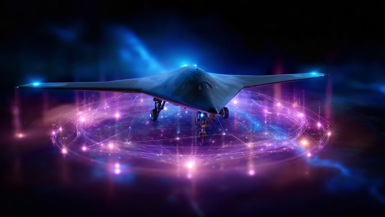 Futuristic Directed Energy Drone Design with Vibrant Light Effects and Tech Aesthetic Captured in a Stunning Visual Representation of Advanced Aircraft Technology