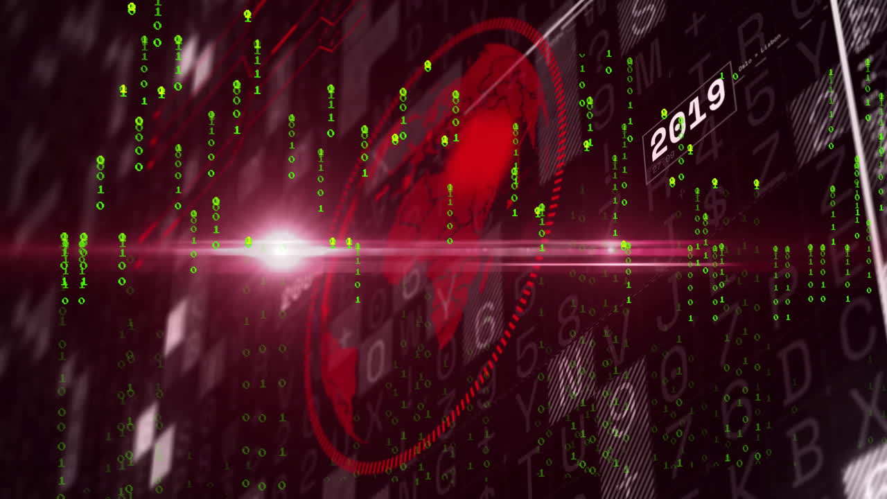 Animation of digital matrix code with futuristic 2019 text in red and green