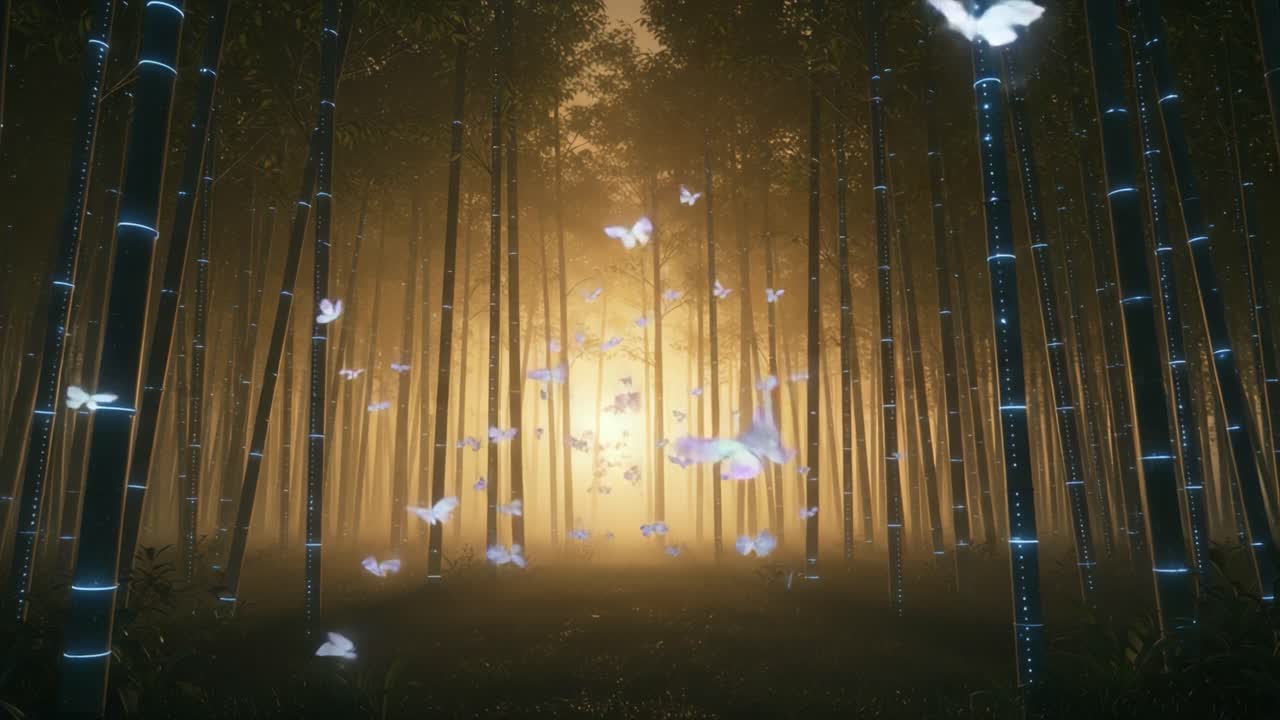 A Dreamlike Forest Scene with Luminescent Bamboo and Ethereal Butterflies Fluttering Amidst Misty Light in a Serene Natural Environment