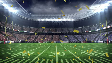 Animation-of-golden-confetti-falling-against-view-of-rugby-sports-stadium