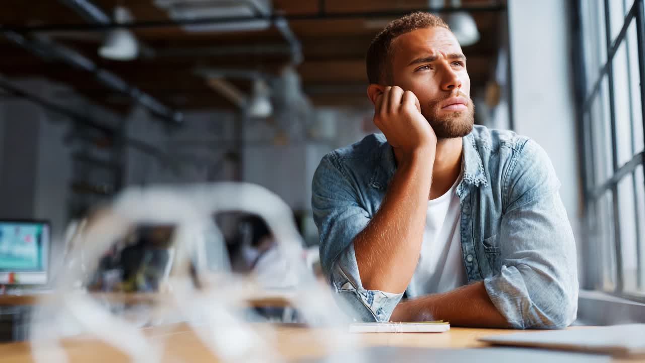 Contemplative Moments: A Young Man Lost in Thought Amidst an Office Environment, Reflectively Gazing Out the Window While Processing Ideas and Emotions During a Quiet Afternoon