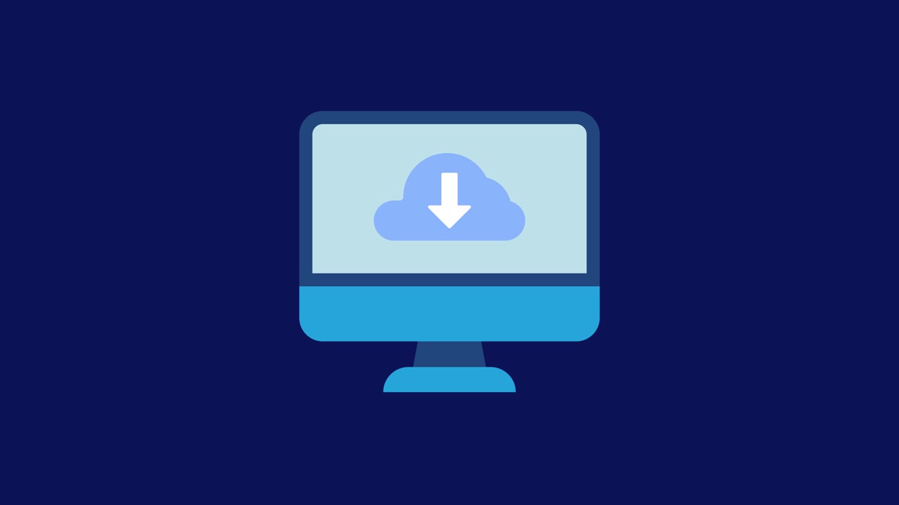 Computer downloading files from cloud storage animation isolated on blue background