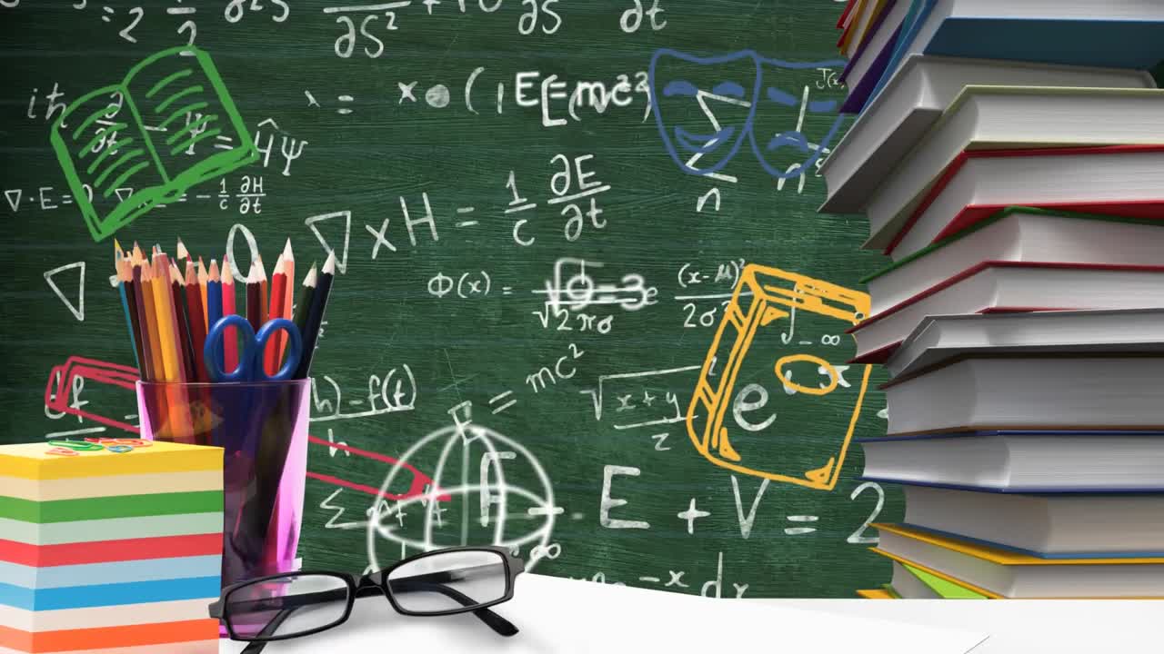 Digital composition of school concept icons and mathematical symbols floating against school station