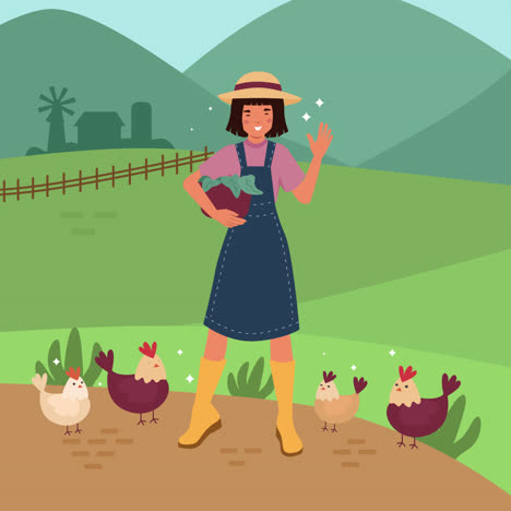 happy farmer girl with chickens and cabbage