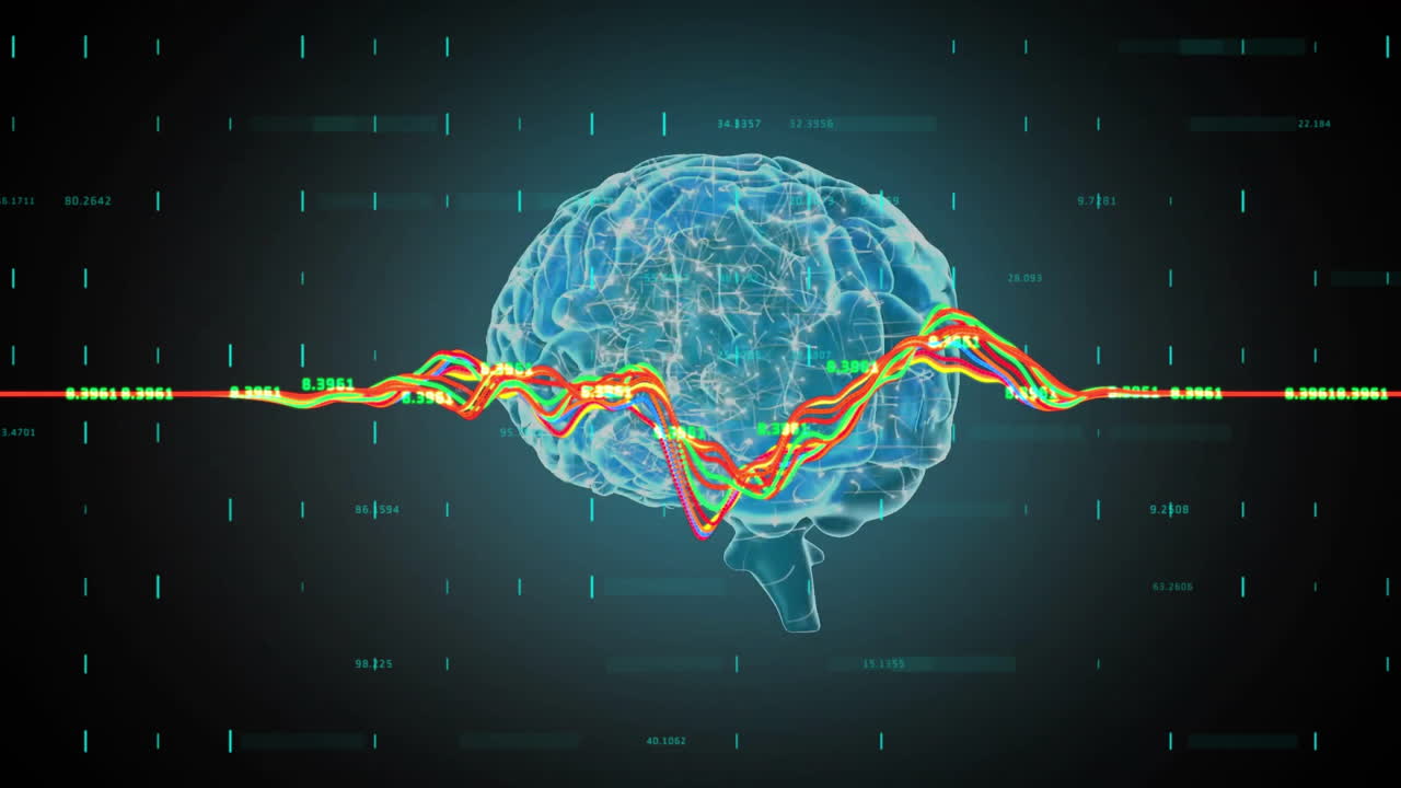 animación del procesamiento de datos digitales sobre el cerebro sobre un fondo oscuro