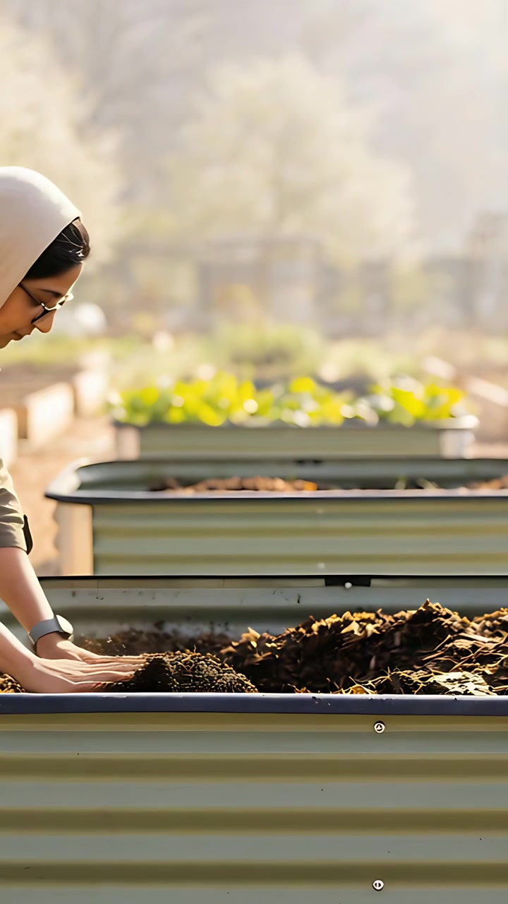 Vertical video: Scooping soil, gardener headscarf smoothing on metal beds for plants, copy space