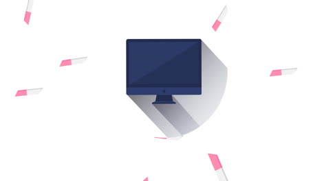 animación de gomas de borrar rosas y blancas que caen y pantalla de computadora negra, en blanco