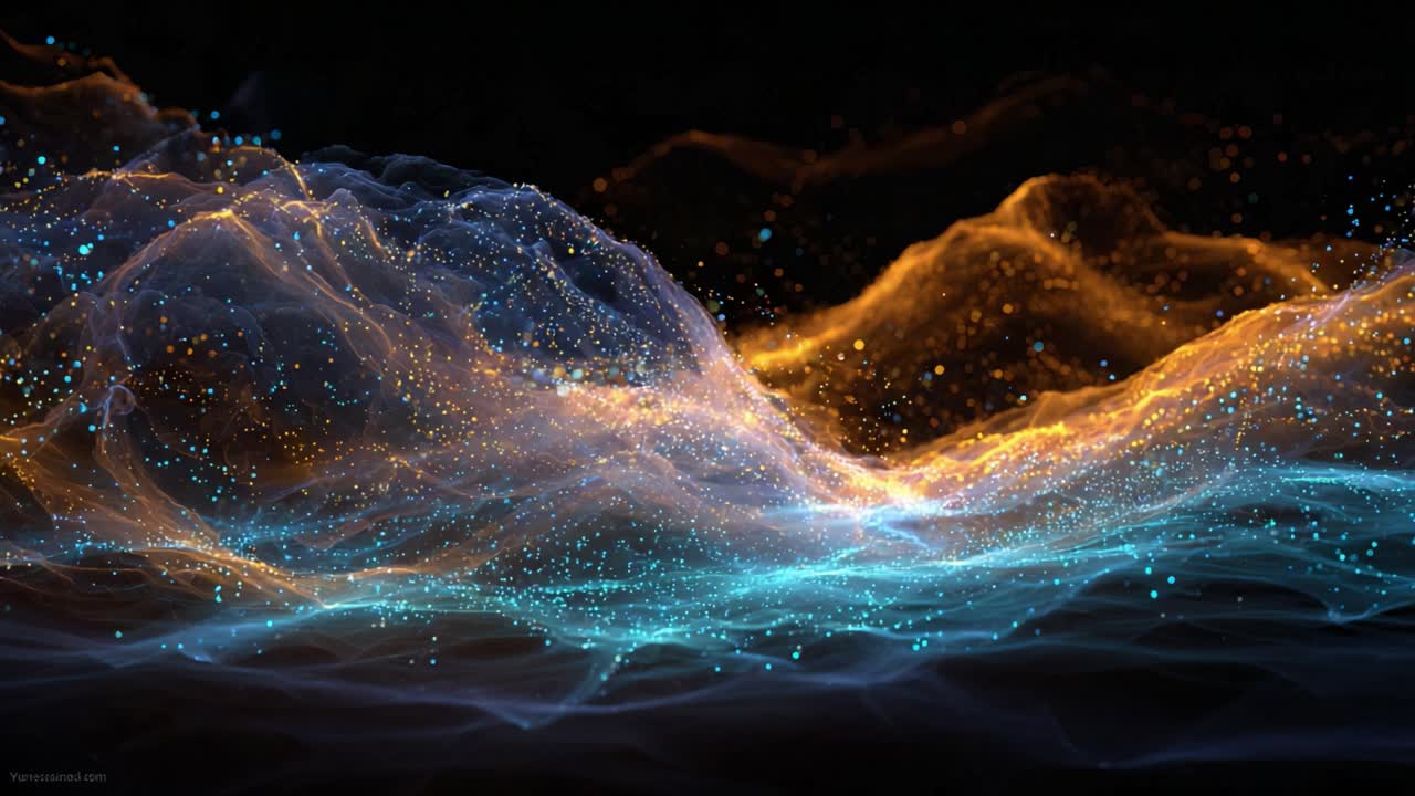 Paesaggio digitale futuristico di particelle arancioni e ciano fluorescenti che fluiscono come onde su uno sfondo scuro, suggerendo la visualizzazione dei dati, le connessioni di rete e l'energia dinamica