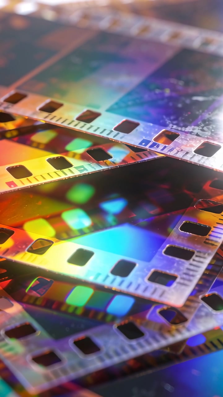 Vertical video: Specular light sweeping across 35mm film strips on table, revealing sprocket holes