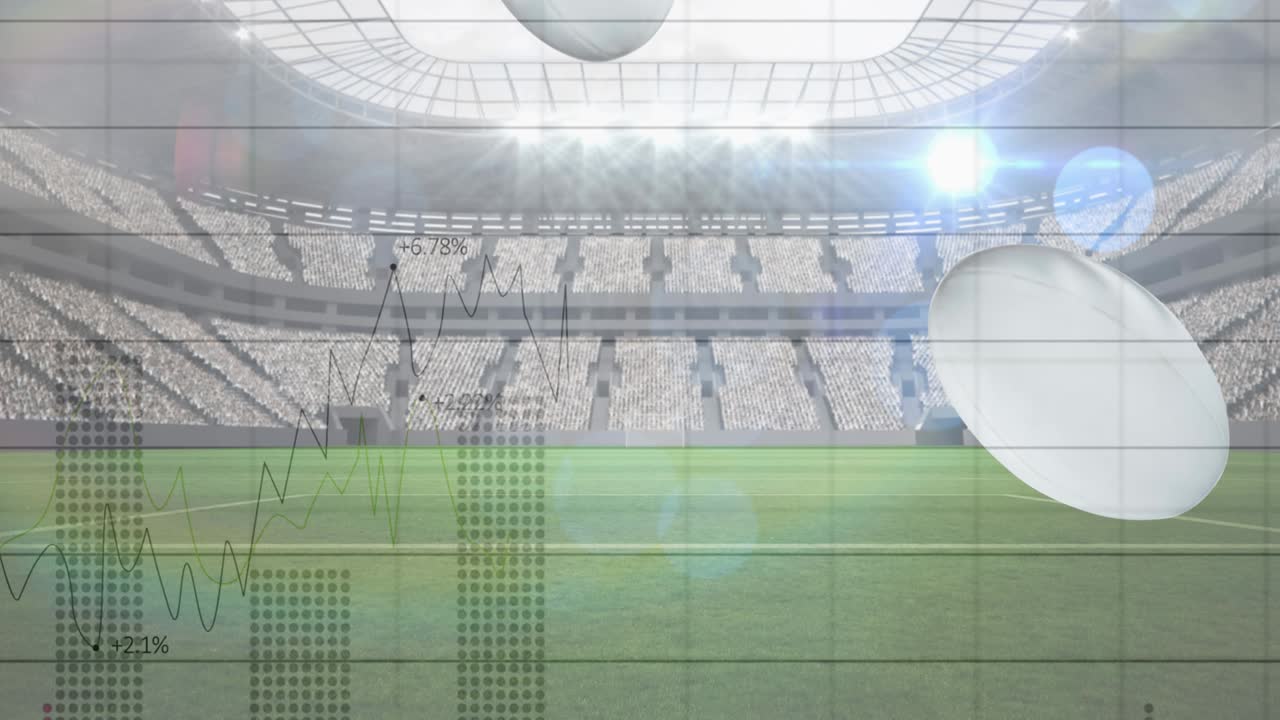Animation of falling rugby balls with graphs and data processing over sports stadium