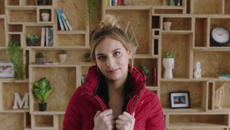 Retrato-De-Una-Joven-Encantadora-Que-Se-Siente-Relajada-Usando-Una-Cómoda-Chaqueta-Roja