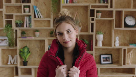 retrato de una joven encantadora que se siente relajada usando una cómoda chaqueta roja