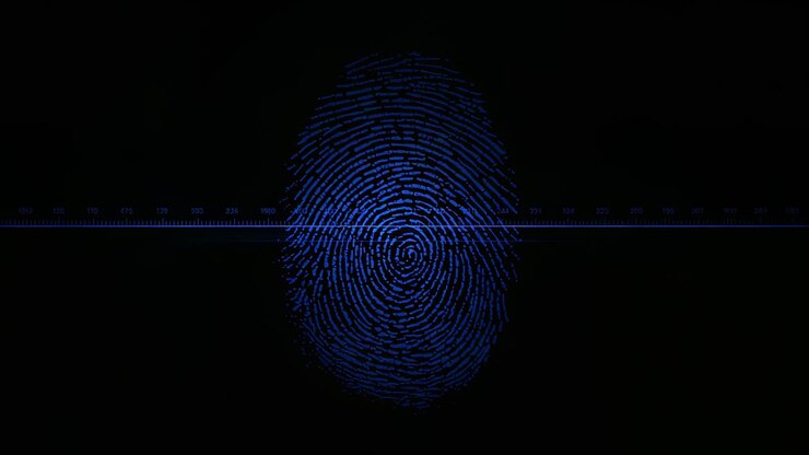 Activating scanner sweeping line across center fingerprint on scanner screen with band for ID check