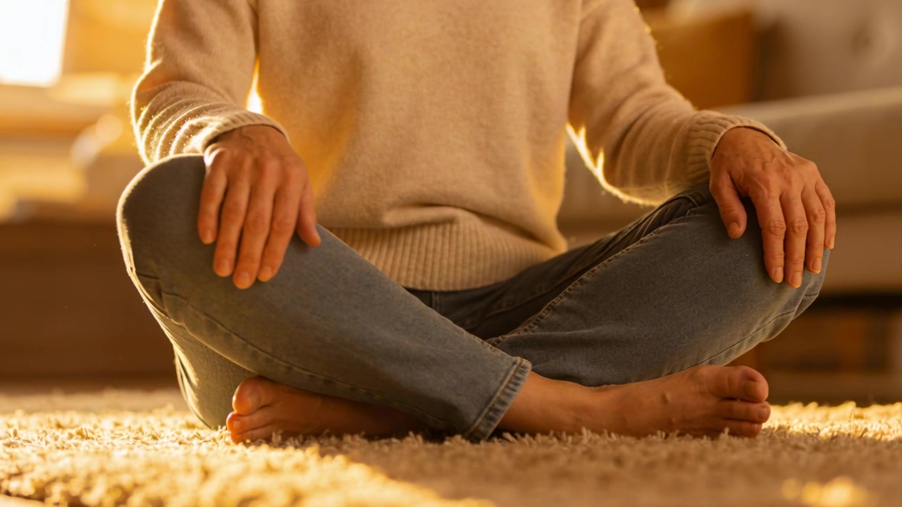 Sunlight falling, woman in beige sweater, jeans settling hands into lap at home on plush rug
