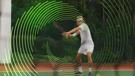 animation of green line spiral rotating over male tennis player hitting ball during match