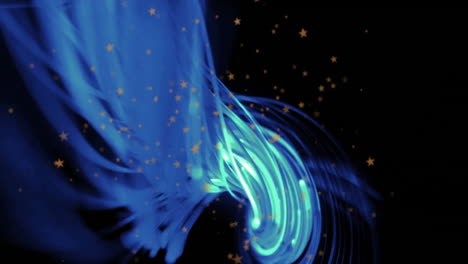 blue and green swirling animation with golden stars on black background