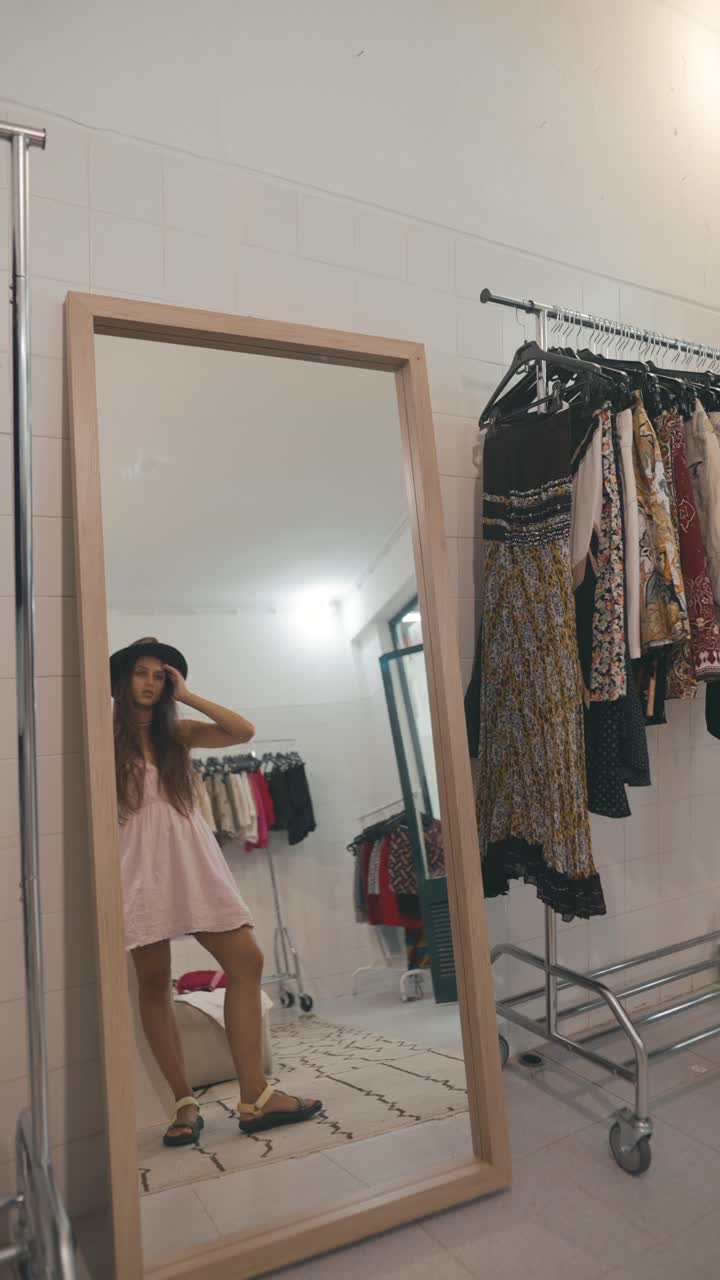 Woman in a dress and hat posing in front of a mirror in a clothing store