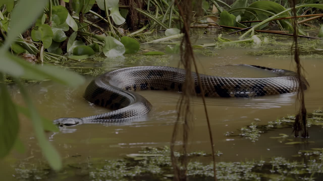 Anaconda deslizando por água turva de pântano, enrolada perto de raízes de mangue e vegetação flutuante, com padrão escuro.