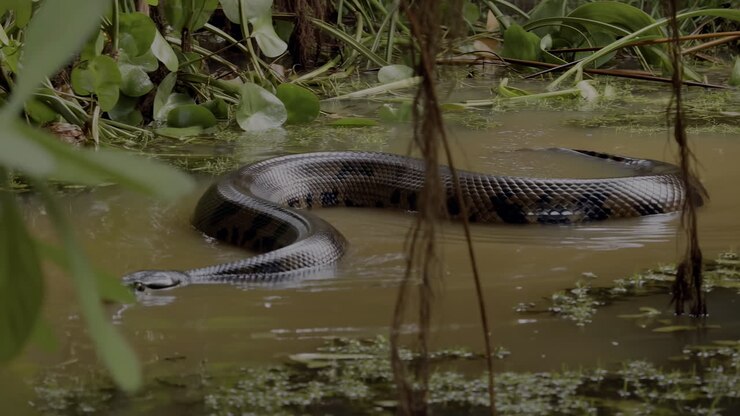 Anaconda deslizando por água turva de pântano, enrolada perto de raízes de mangue e vegetação flutuante, com padrão escuro.