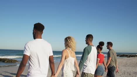 amigos adultos jóvenes relajándose junto al mar 4k