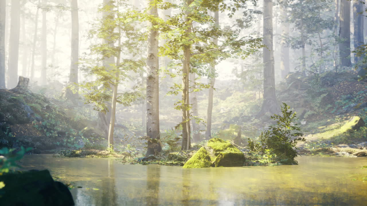 낮 시간 에 조용 한 숲 과 조용 한 물 과 울창 한 초록색