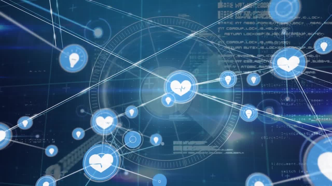 검은색 배경에 데이터 처리에 대한 아이콘으로 연결 네트워크의 애니메이션